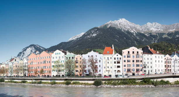 The Inn River waterfront in downtown Innsbruck Tyrol Austria on a sunny day.