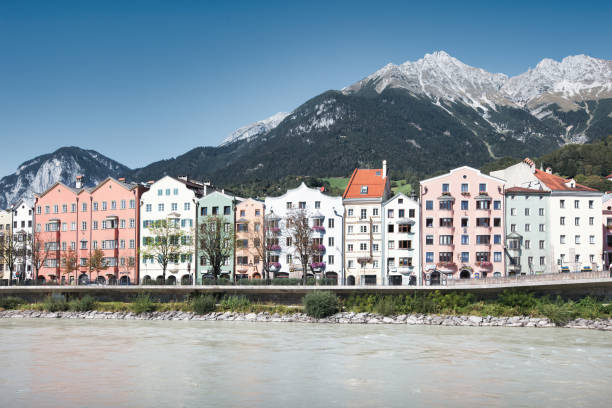 Downtown Innsbruck Tyrol Austria and the Inn River on a sunny day.