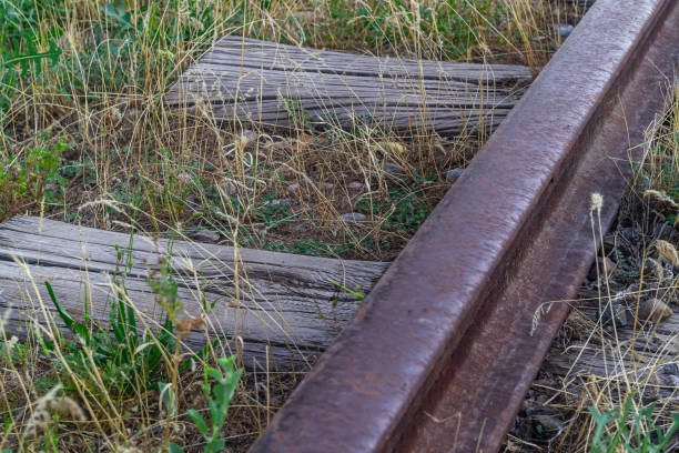 Old abandoned, unused railway line heading into sunset, oblivion. Due to lack of maintenance, driving, embankment is overgrown wild grass, sleepers are turning to dust, rails are starting to corrode vieja línea de ferrocarril abandonada, sin uso, rumbo al ocaso, al olvido. debido a la falta de mantenimiento, la conducción, el terraplén está cubierto de hierba silvestre, las traviesas se están convirtiendo en polvo, los rieles están comenzando a