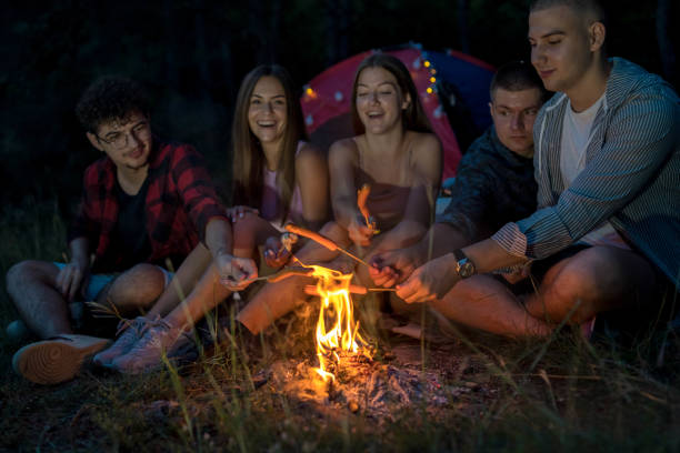 istock Friends on a camping trip relaxing by their tent 2171366609
