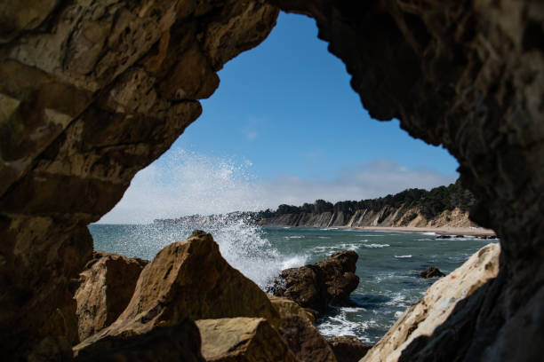With my shot framed by the cove I stood in, I captured this fascinating scenery of waves crashing against jagged rocks as we observe the beautiful terraces of Schooner Gulch State Beach in the distance.