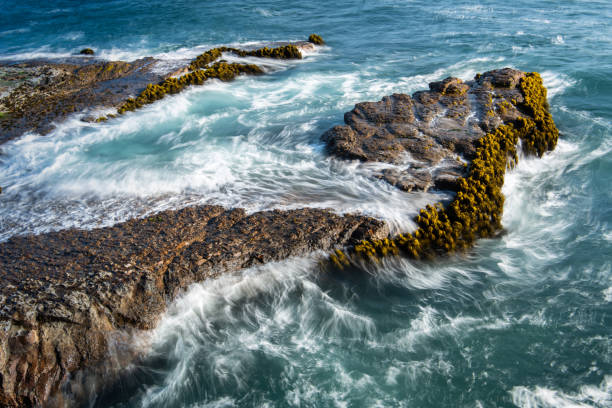 Here in Schooner Gulch State Beach, I captured the mystical motion of the waves as they crashed against intricate clusters of barnacle-like life living on the coastal rocks.  This shot specifically shows the interesting details of the coastal features and how beautifully the water crashes and washes over them.