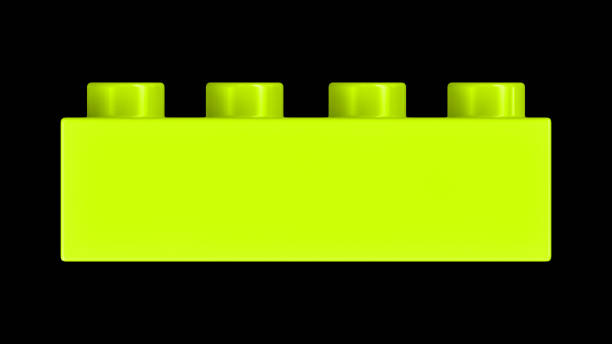 Lime Green Toy Block Isolated on a Black Background. Close Up View of a Plastic Children Game Brick for Constructors, Front View. High Quality 3D Rendering with a Work Path. 8K Ultra HD, 7680x4320