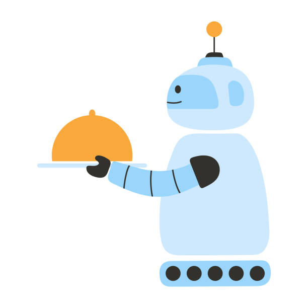 istock Funny robot waiter holding plate. Serve food mascot. Cute robot waiter character. Vector illustration for posters, icons, banner, greeting cards and web projects 2171370409