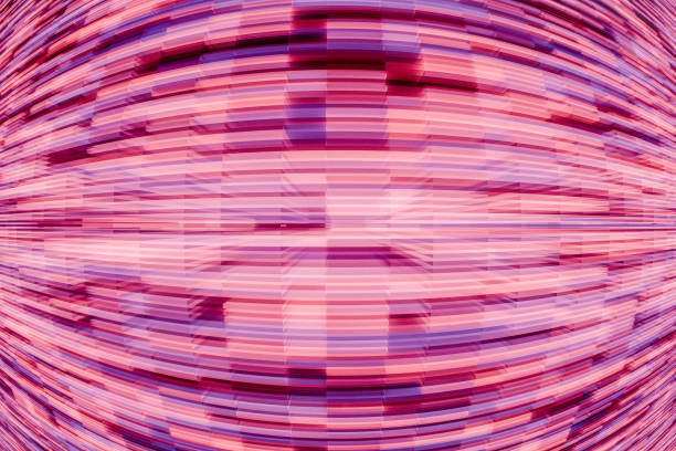 Fisheye view of stacked abstract illuminated objects. 3D generated image.