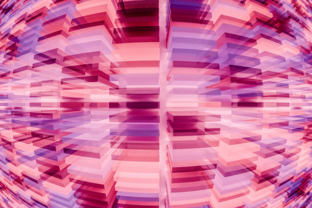 Fisheye view of stacked abstract illuminated objects. 3D generated image.