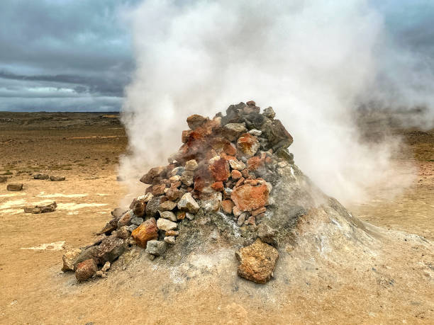 Hverir, Iceland - 24 August 2024: Steaming fumarole at the hot springs around the geothermal area of Hverir