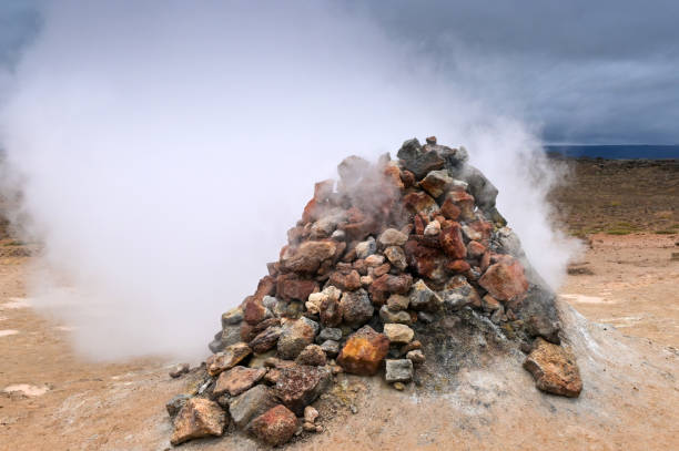 Steaming fumarole at the hot springs around the geothermal area of Hverir, Iceland