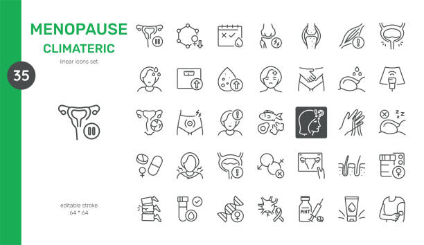 ilustraciones, imágenes clip art, dibujos animados e iconos de stock de conjunto de iconos de menopausia y climaterio. símbolos de línea de los síntomas de la menopausia, los cambios hormonales, la salud ósea y las opciones de tratamiento. incluye sofocos, aumento de peso, suplementos y terapia hormonal. - menopausia