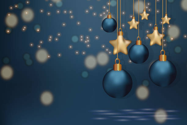 istock Greeting card golden stars night balls hanging Holiday background Copy space 2171376249