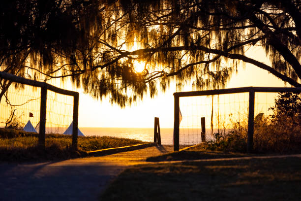 View from Memorial Pier at Brooklyn to the bay at sunset with a wooden bench in the foreground