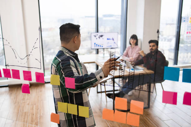 istock Business meeting with team brainstorming on charts and sticky notes 2171383204