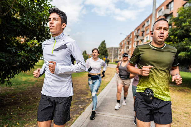 Friends running in a square