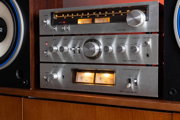 istock Vintage Audio Stereo Gear Separate Components System Setup, Tuner, pre-Amplifier, Power Amplifier. Metal Front Panel, Angled View Closeup 2171387710