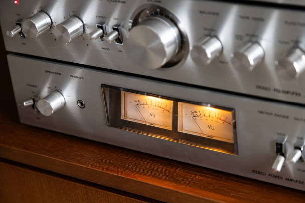 istock Vintage Audio Stereo Gear Separate Components System Setup, Tuner, pre-Amplifier, Power Amplifier. Metal Front Panel, Angled View Closeup 2171387782