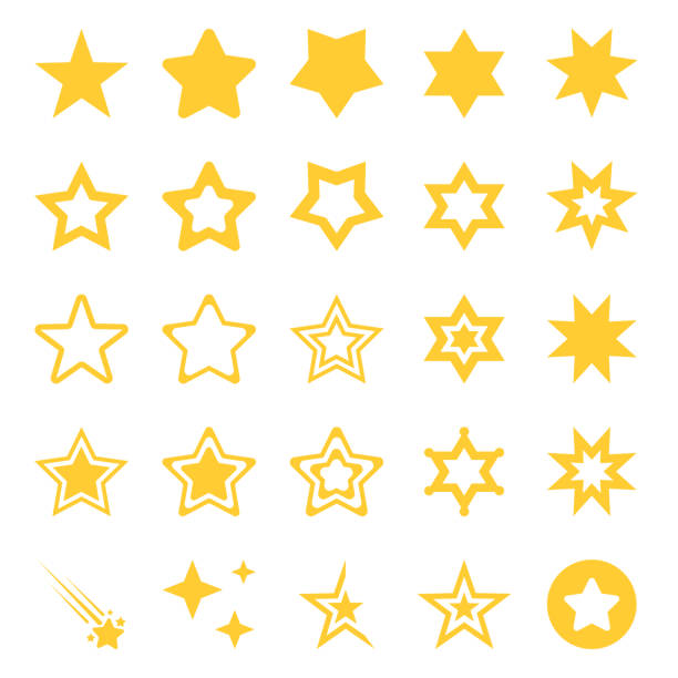 illustrations, cliparts, dessins animés et icônes de ensemble de 25 icônes d’étoiles - icônes d’étoiles assorties, 5, 6, 7 pointues, pointues et arrondies, étoile filante, brillance et plus encore. - etoile