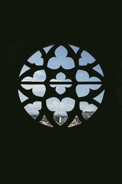 Colorful Rose Window Vibrant Colors Stained Glass Basilica National Cathedral of St Peter and St Paul Episcopal Church Washington DC. Construction started 1907 based 1893 Congress charter.