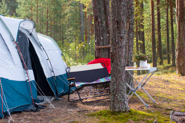 istock camping, a folding tent in the camp, a collapsible table and an armchair. Camping 2171401263
