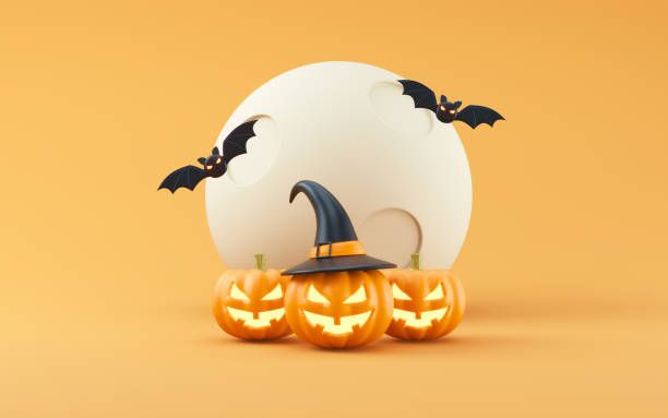 istock Jack-o-Lantern pumpkins and bats with moon on orange background 2171403299