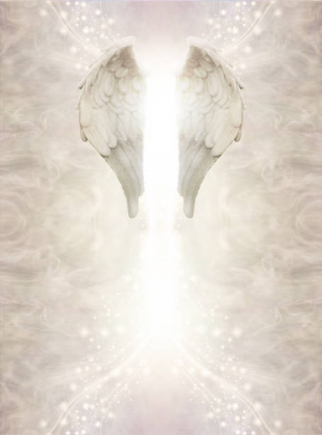 ideal for a certificate, award, diploma, background with a pair of angel wings and white light surrounded by ethereal pale gold energy and sparkles