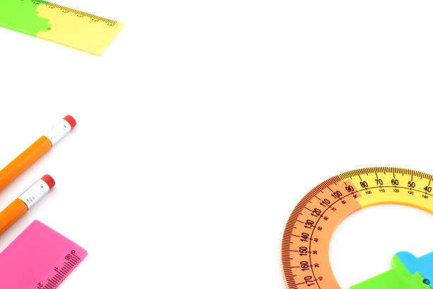 multicolored plastic ruler, protractor and pencil, school supplies, office supplies, constructor, close-up, isolated on white