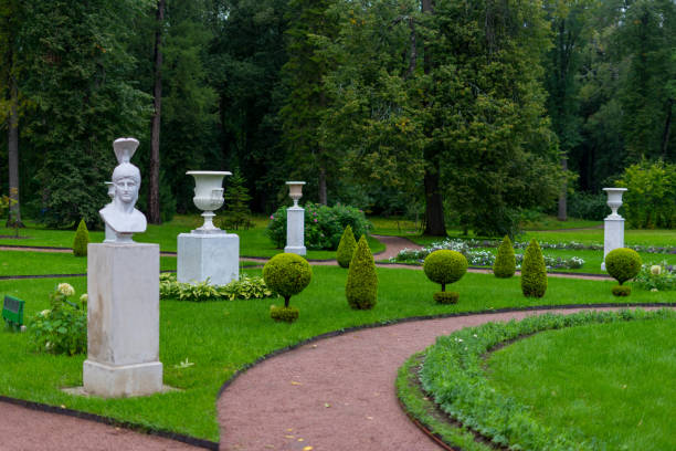 Strelna, St. Petersburg, Russia, June 12, 2025: The alley in the Lower Park of the Palace and Park Ensemble of the Konstantinovsky Palace on a sunny summer day