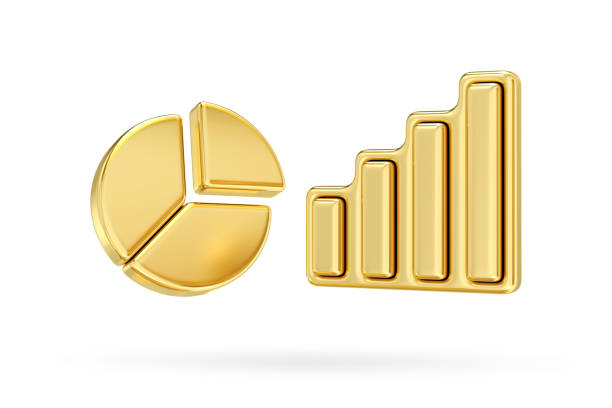 Golden pie chart and bar graph, business success growth and data analysis, ascending bar graph,3d rendering