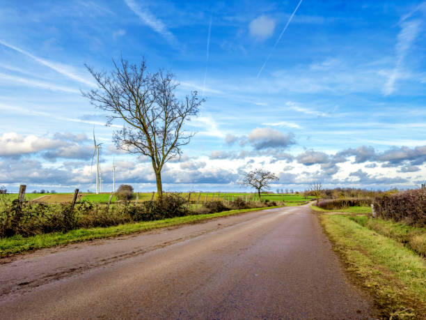 istock Empty dirt road and wind turbines on rural landscape over sky 2171430190