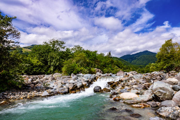 Crystal clear mountain river flowing through rocky landscape with forested hills and blue sky with clouds