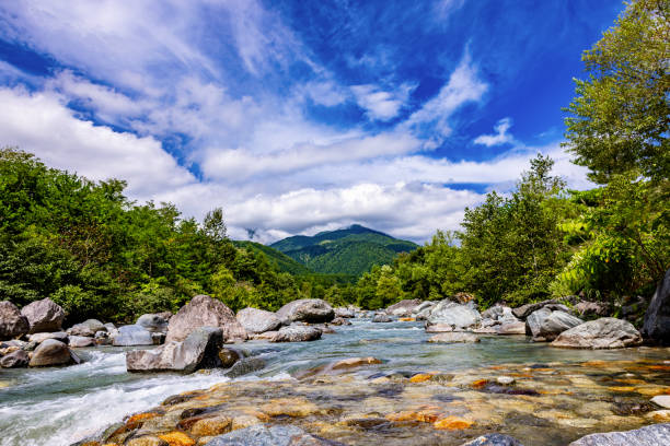 Crystal clear mountain river flowing through rocky landscape with forested hills and blue sky with clouds