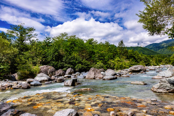 Crystal clear mountain river flowing through rocky landscape with forested hills and blue sky with clouds