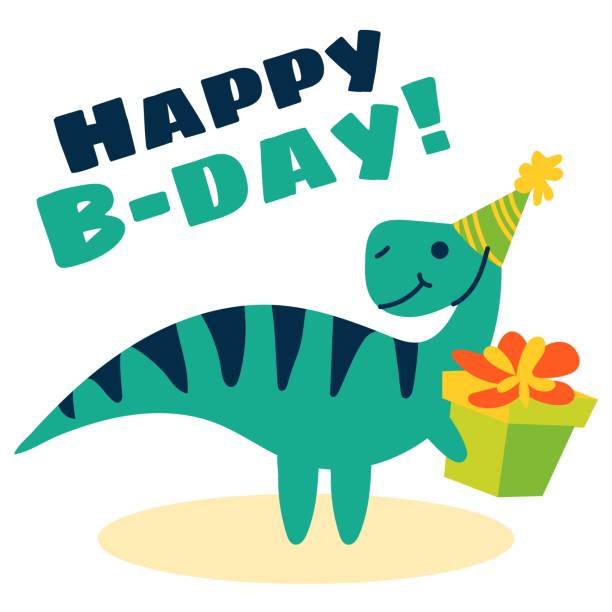 istock Cute cartoon bicycle therapist in a festive hat and a gift box. A flat illustration of a children's festive dinosaur. The concept of Happy birthday. Vector animal character is perfect for cards 2171435210