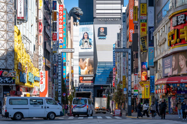 Shinjuku, Tokyo, Japan - January 25, 2024: The Godzilla head is a landmark and tourist attraction in Kabukichō, Shinjuku, Tokyo, Japan.