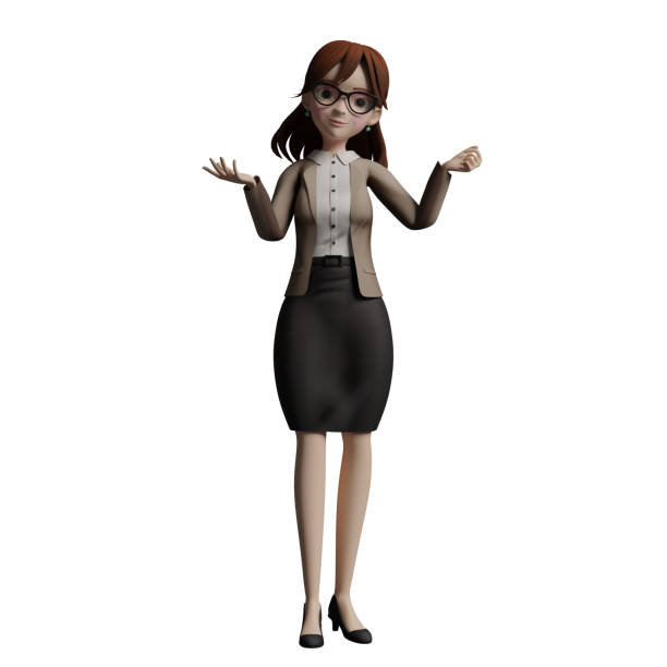 istock Teacher Character 3D. A female teacher stands with both hands raised with an expression as if she is giving an explanation or presentation. Illustrated Male Educator 2171441292