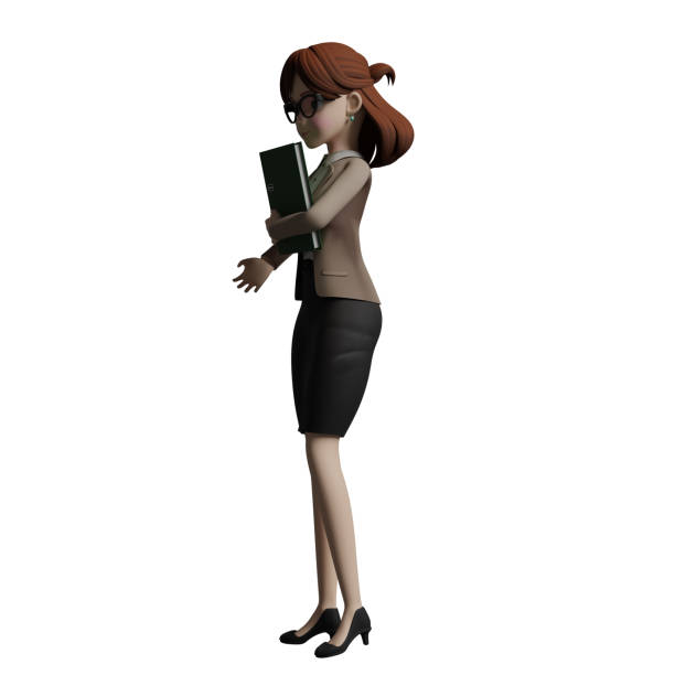 Illustrated Educational Expert. A female teacher stands facing right with her left hand carrying several books in front of her chest while her right hand is stretched forward. 3D Male Teacher