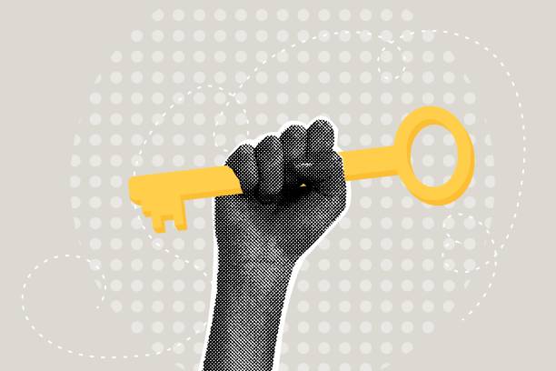 Modern halftone collage. Concept of success, key to success, business plan. Business creative illustration for web banner, marketing material, business presentation. Vector illustration
