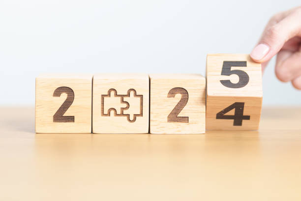 istock 2024 year change to 2025 year block with jigsaw puzzle icon. Business Process, Team, teamwork, Goal, mission, Resolution, strategy, plan, Action, partnership, and New Year start 2171455371