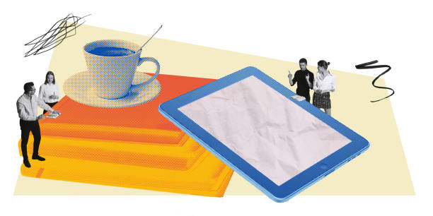 Large tablet placed next to coffee cup, and team of professionals interacting. Brainstorming. Contemporary art collage. Concept of business, technology, teamwork, communication