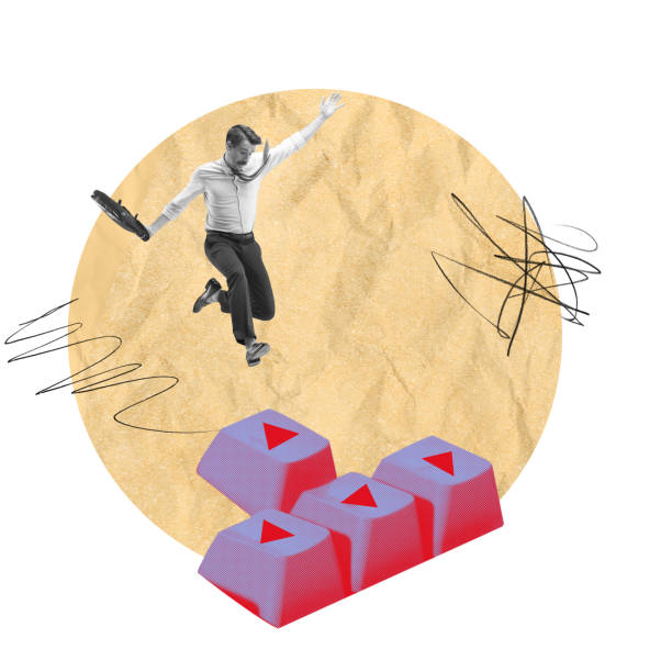 Businessman jumping on oversized computer keyboard, symbolizing constant deadlines and rushing working process. Contemporary art collage. Concept of business, technology