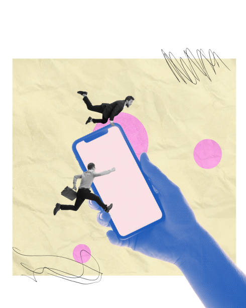istock Leaping Into Action. Two business professionals interacting with massive phone in hand, capturing urgency of business decisions and innovations. Contemporary art collage. 2171457187