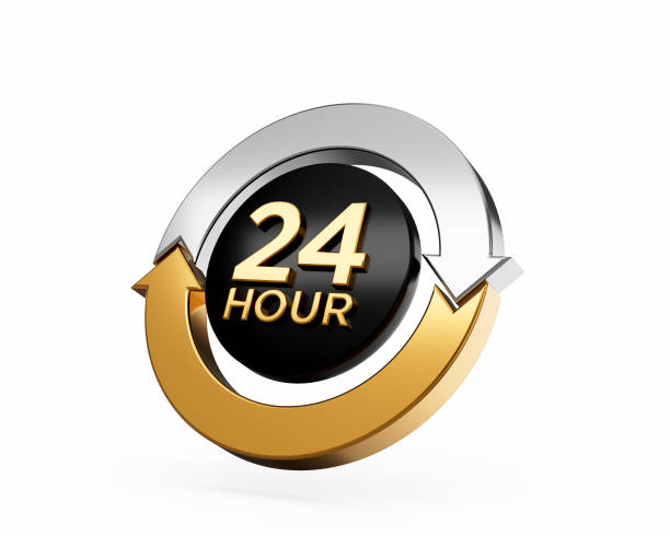 24 HOUR Encircled By A Sleek Silver And Gold Arrow Loop Signifies Non-Stop Service 3D Illustration