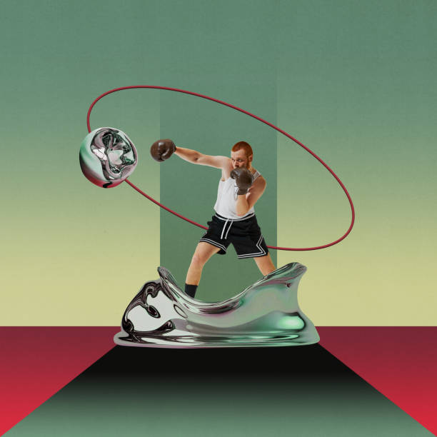 istock Male boxer punching through liquid shapes in surreal ring, blending athletic power with abstract fluidity. Contemporary art collage. 2171464206