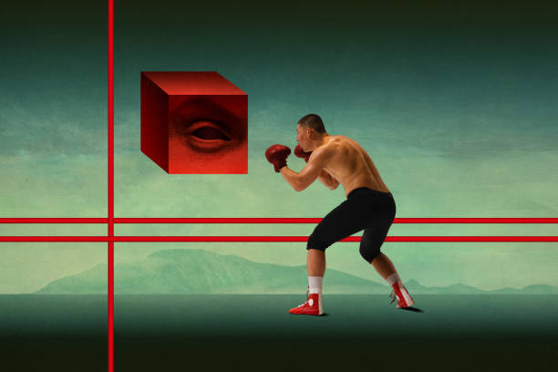 Man, boxer fighting with mysterious red cube with watching eye, blending tension and focus with surreal elements. Contemporary art collage. Surrealism, sport, creativity, imagination, futurism concept