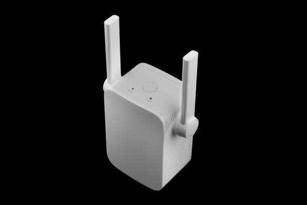 istock Wireless Wi-Fi router isolated on black background. wifi technology concept. White wireless internet router isolated. Cable modem with antenna isolated on black background. 2171472093