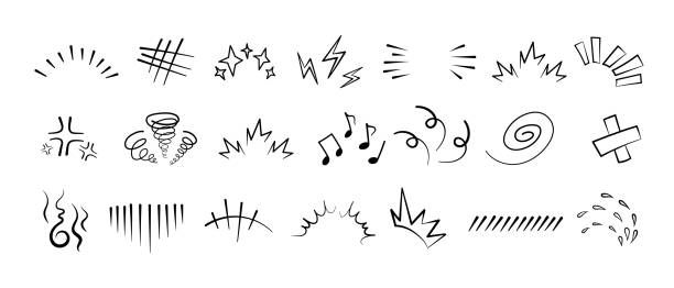 Manga or anime comic emoticon element graphic effects hand drawn doodle vector illustration set Manga or anime comic emoticon element graphic effects hand drawn doodle vector illustration set isolated on white background. Cartoon style manga doodle line expression scribble anime mark collection. comic book outline stock illustrations