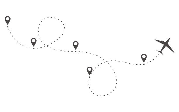 bildbanksillustrationer, clip art samt tecknat material och ikoner med plane timeline trail dashed line with pin. infographic destination work process template. airplane icons, roadmap infographic and travel path routes with location. vector illustration - prickad linje