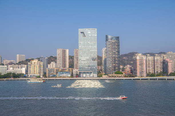 Jan 30, 2022, Xiamen, China: Boat passing in front of Gulangyu Island, copy space for text