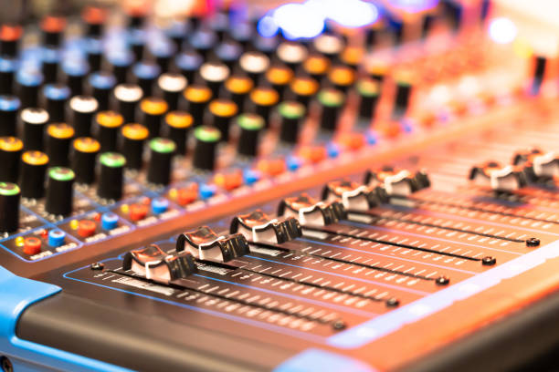 istock Digital sound station control panel, equalizer, mixer and professional equipment, bokeh light background, selective focus 2171489493