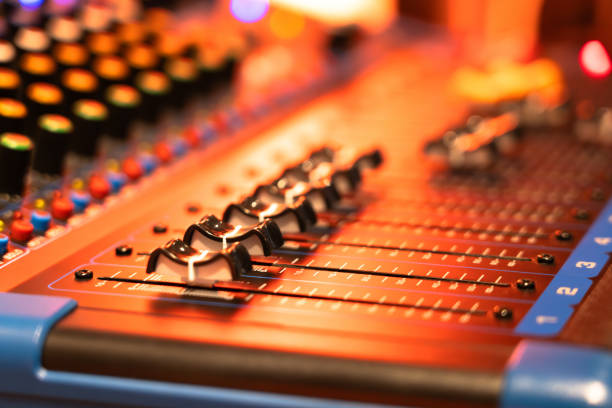 istock Digital sound station control panel, equalizer, mixer and professional equipment, bokeh light background, selective focus 2171489495