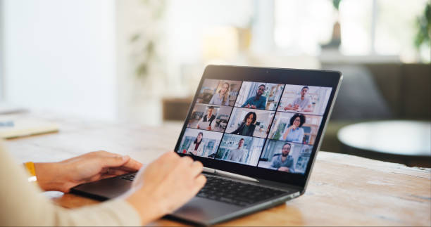 istock Laptop, hands or business people on screen in virtual meeting for discussion or online briefing in home. Remote work, video call or person in webinar for teamwork, talking and speaking of project 2171493607